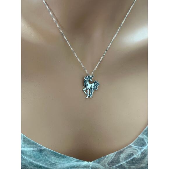Sterling Silver Prancing Unicorn with a Flower Mane Necklace - Picture 2 of 5